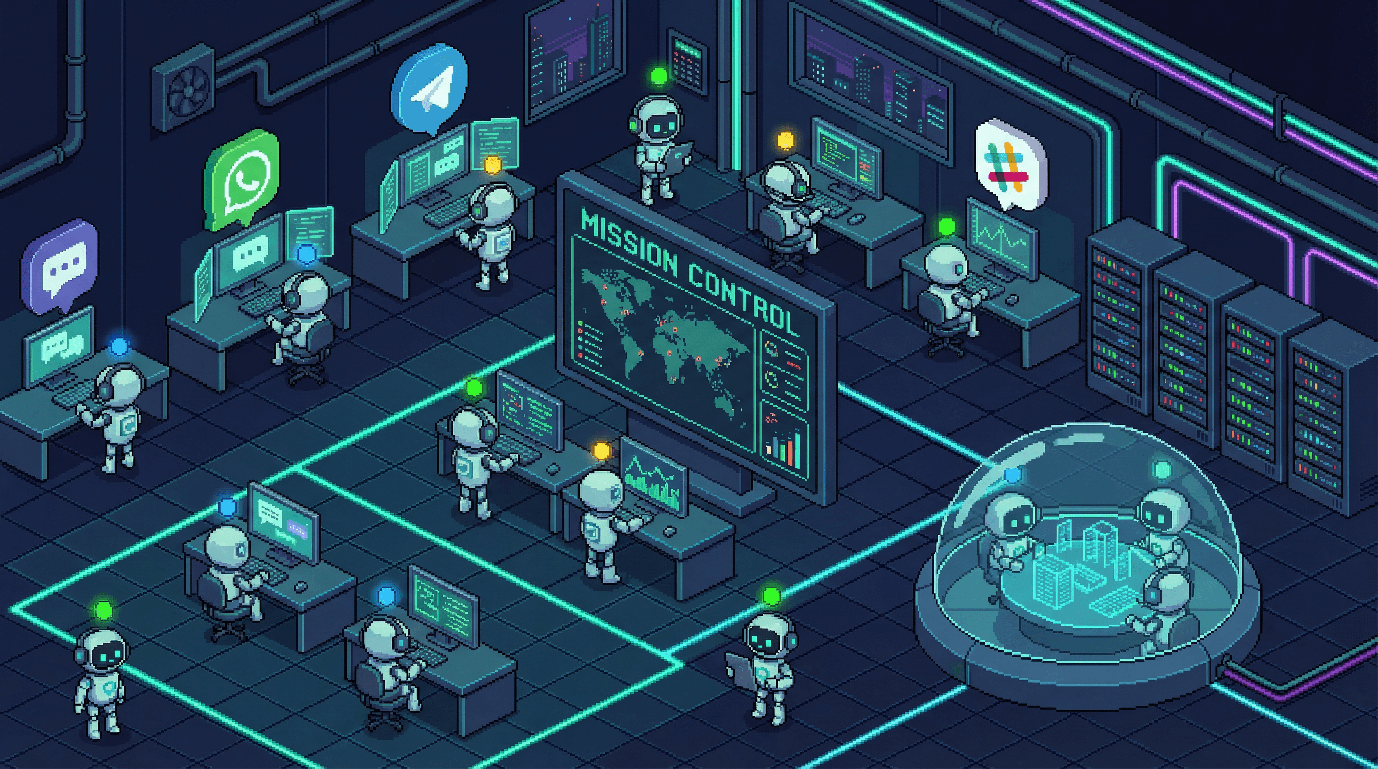 AI agents working in a virtual office — isometric video game style